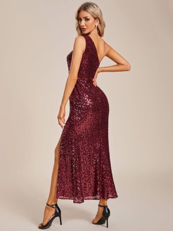 One Shoulder High Slit Bodycon Ankle Length Sequin Evening Dress - Burgundy