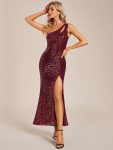 One Shoulder High Slit Bodycon Ankle Length Sequin Evening Dress – Burgundy