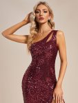 One Shoulder High Slit Bodycon Ankle Length Sequin Evening Dress – Burgundy