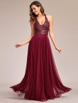 Sequin Halter Neck Top A-Line Backless Evening Dress with Tulle – Burgundy