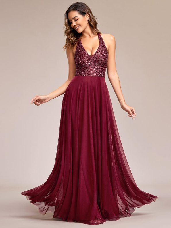 Sequin Halter Neck Top A-Line Backless Evening Dress with Tulle - Burgundy