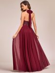 Sequin Halter Neck Top A-Line Backless Evening Dress with Tulle – Burgundy