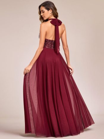 Sequin Halter Neck Top A-Line Backless Evening Dress with Tulle - Burgundy