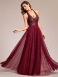 Sequin Halter Neck Top A-Line Backless Evening Dress with Tulle – Burgundy