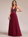 Sequin Halter Neck Top A-Line Backless Evening Dress with Tulle – Burgundy