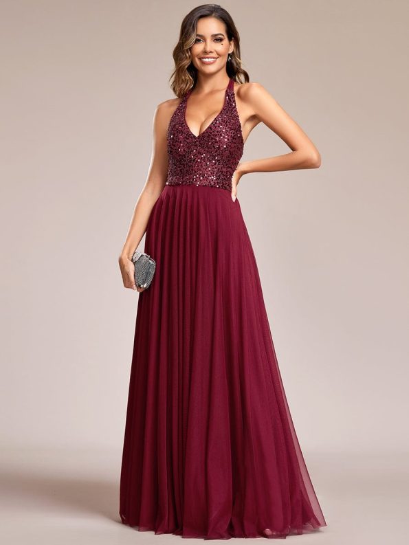 Sequin Halter Neck Top A-Line Backless Evening Dress with Tulle - Burgundy