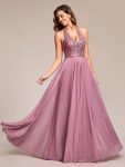 Sequin Halter Neck Top A-Line Backless Evening Dress with Tulle – Purple Orchid