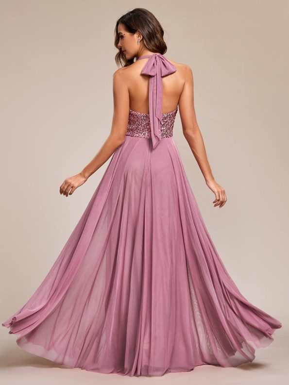 Sequin Halter Neck Top A-Line Backless Evening Dress with Tulle - Purple Orchid