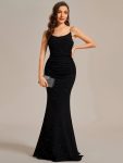 Glitter Spaghetti Strap U-Veck Open Back Bodycon Stretchy Evening Dress – Black