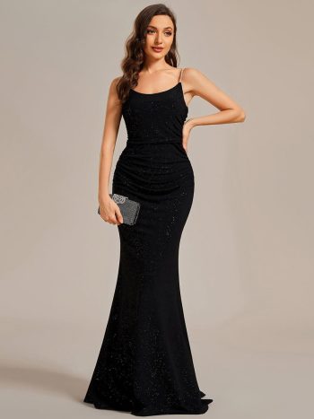 Glitter Spaghetti Strap U-Veck Open Back Bodycon Stretchy Evening Dress - Black