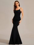 Glitter Spaghetti Strap U-Veck Open Back Bodycon Stretchy Evening Dress – Black