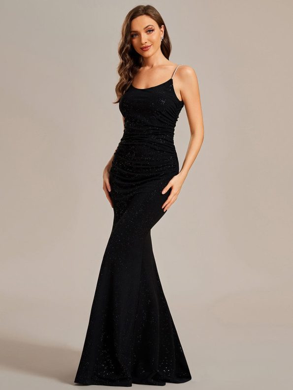 Glitter Spaghetti Strap U-Veck Open Back Bodycon Stretchy Evening Dress - Black