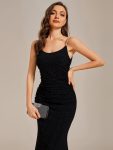 Glitter Spaghetti Strap U-Veck Open Back Bodycon Stretchy Evening Dress – Black