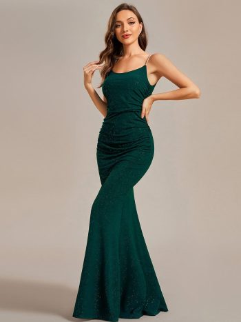 Glitter Spaghetti Strap U-Veck Open Back Bodycon Stretchy Evening Dress - Dark Green