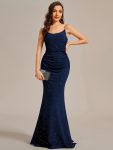 Glitter Spaghetti Strap U-Veck Open Back Bodycon Stretchy Evening Dress – Navy Blue