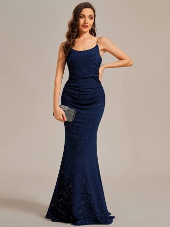 Glitter Spaghetti Strap U-Veck Open Back Bodycon Stretchy Evening Dress - Navy Blue