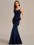 Glitter Spaghetti Strap U-Veck Open Back Bodycon Stretchy Evening Dress – Navy Blue