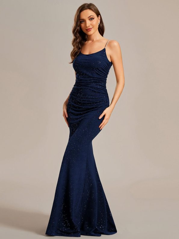 Glitter Spaghetti Strap U-Veck Open Back Bodycon Stretchy Evening Dress - Navy Blue