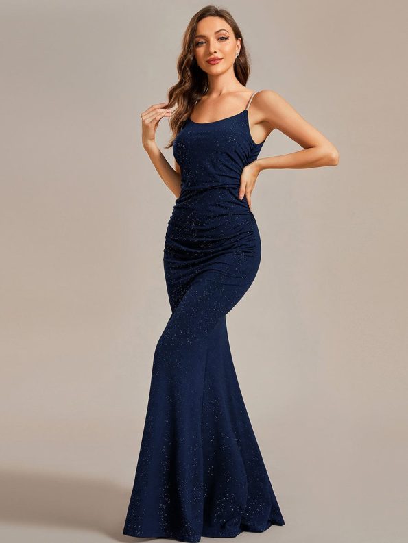 Glitter Spaghetti Strap U-Veck Open Back Bodycon Stretchy Evening Dress - Navy Blue