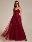 Spaghetti Straps Illusion Sleeveless A-Line Sequin Evening Dress with Tulle Cover - Burgundy