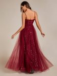 Spaghetti Straps Illusion Sleeveless A-Line Sequin Evening Dress with Tulle Cover – Burgundy