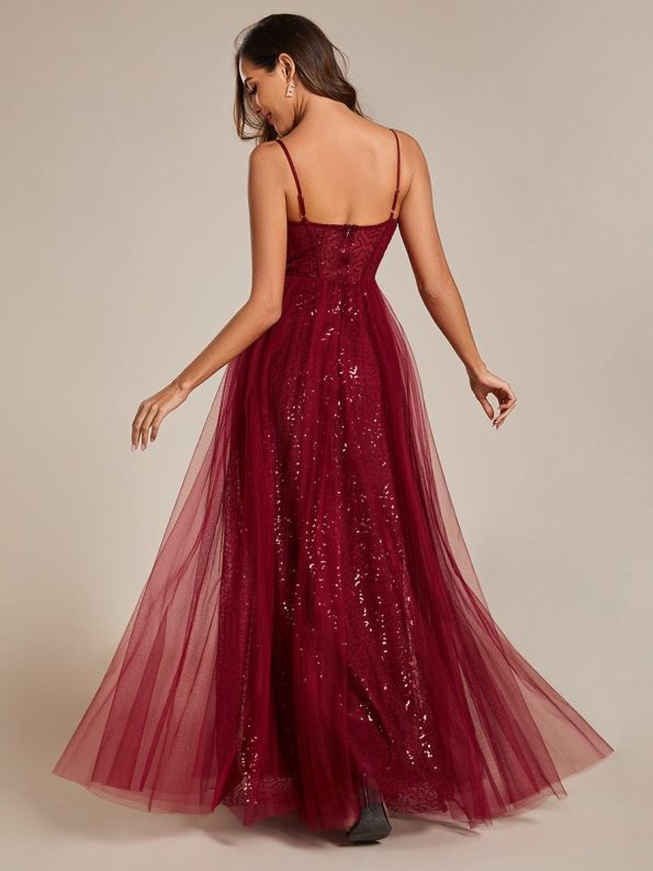 Spaghetti Straps Illusion Sleeveless A-Line Sequin Evening Dress with Tulle Cover - Burgundy