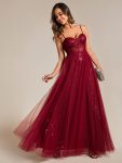 Spaghetti Straps Illusion Sleeveless A-Line Sequin Evening Dress with Tulle Cover – Burgundy