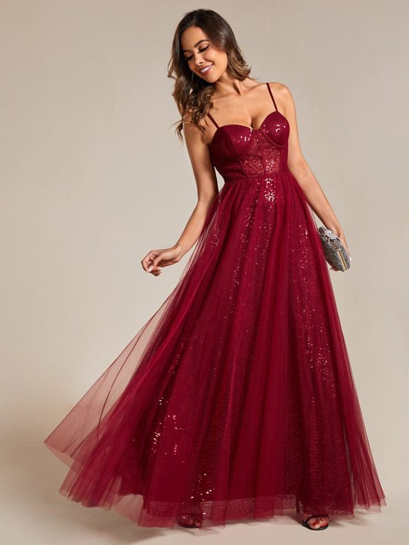 Spaghetti Straps Illusion Sleeveless A-Line Sequin Evening Dress with Tulle Cover - Burgundy