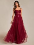 Spaghetti Straps Illusion Sleeveless A-Line Sequin Evening Dress with Tulle Cover – Burgundy