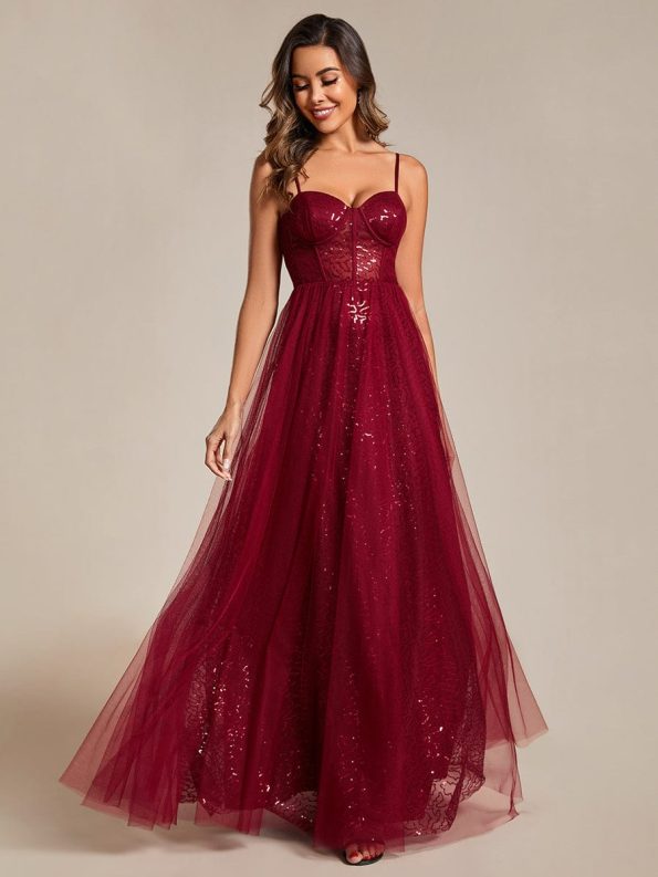 Spaghetti Straps Illusion Sleeveless A-Line Sequin Evening Dress with Tulle Cover - Burgundy