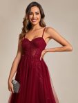 Spaghetti Straps Illusion Sleeveless A-Line Sequin Evening Dress with Tulle Cover – Burgundy