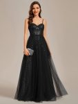 Spaghetti Straps Illusion Sleeveless A-Line Sequin Evening Dress with Tulle Cover – Black