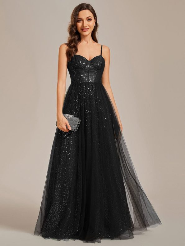 Spaghetti Straps Illusion Sleeveless A-Line Sequin Evening Dress with Tulle Cover - Black