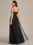 Spaghetti Straps Illusion Sleeveless A-Line Sequin Evening Dress with Tulle Cover – Black