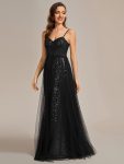 Spaghetti Straps Illusion Sleeveless A-Line Sequin Evening Dress with Tulle Cover – Black