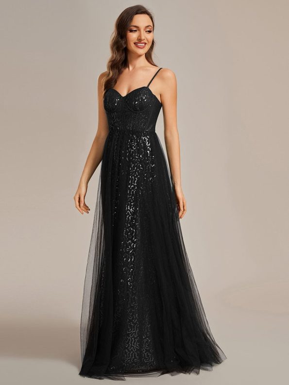 Spaghetti Straps Illusion Sleeveless A-Line Sequin Evening Dress with Tulle Cover - Black