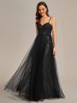 Spaghetti Straps Illusion Sleeveless A-Line Sequin Evening Dress with Tulle Cover – Black