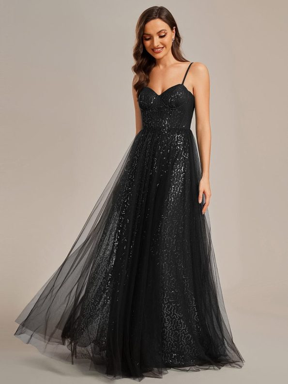 Spaghetti Straps Illusion Sleeveless A-Line Sequin Evening Dress with Tulle Cover - Black