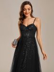 Spaghetti Straps Illusion Sleeveless A-Line Sequin Evening Dress with Tulle Cover – Black