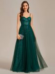 Spaghetti Straps Illusion Sleeveless A-Line Sequin Evening Dress with Tulle Cover – Dark Green