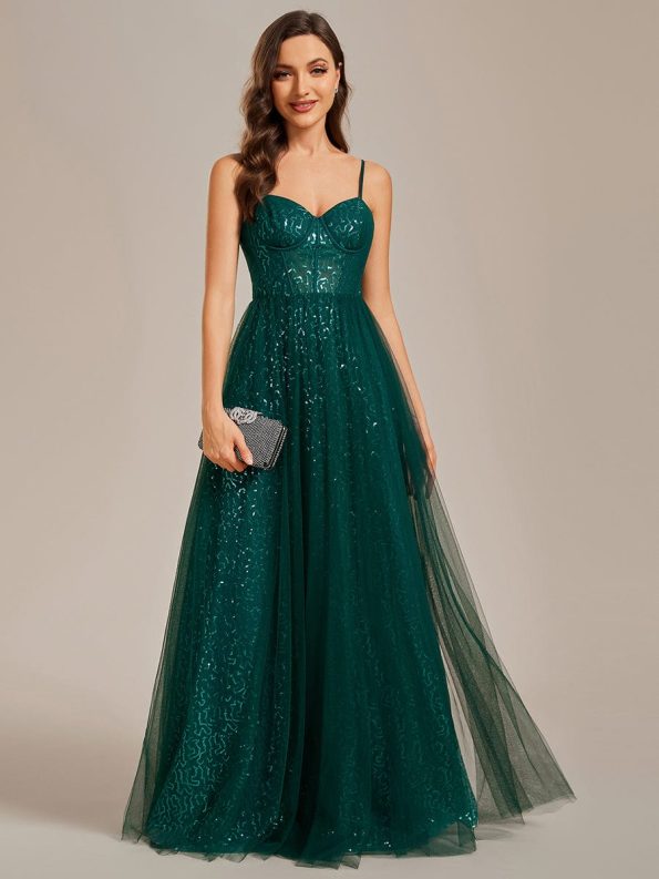 Spaghetti Straps Illusion Sleeveless A-Line Sequin Evening Dress with Tulle Cover - Dark Green