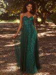 Spaghetti Straps Illusion Sleeveless A-Line Sequin Evening Dress with Tulle Cover – Dark Green