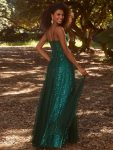 Spaghetti Straps Illusion Sleeveless A-Line Sequin Evening Dress with Tulle Cover – Dark Green