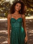 Spaghetti Straps Illusion Sleeveless A-Line Sequin Evening Dress with Tulle Cover – Dark Green