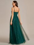 Spaghetti Straps Illusion Sleeveless A-Line Sequin Evening Dress with Tulle Cover – Dark Green