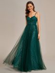 Spaghetti Straps Illusion Sleeveless A-Line Sequin Evening Dress with Tulle Cover – Dark Green