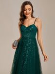 Spaghetti Straps Illusion Sleeveless A-Line Sequin Evening Dress with Tulle Cover – Dark Green