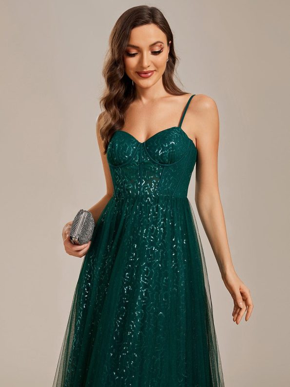 Spaghetti Straps Illusion Sleeveless A-Line Sequin Evening Dress with Tulle Cover - Dark Green