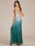 Gradient Sequin Mermaid Bodycon High Slit Backless Evening Dress – Dark Green