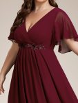 Ruffles Sleeve A-Line Chiffon Waist Applique Maxi Formal Evening Dress – Burgundy